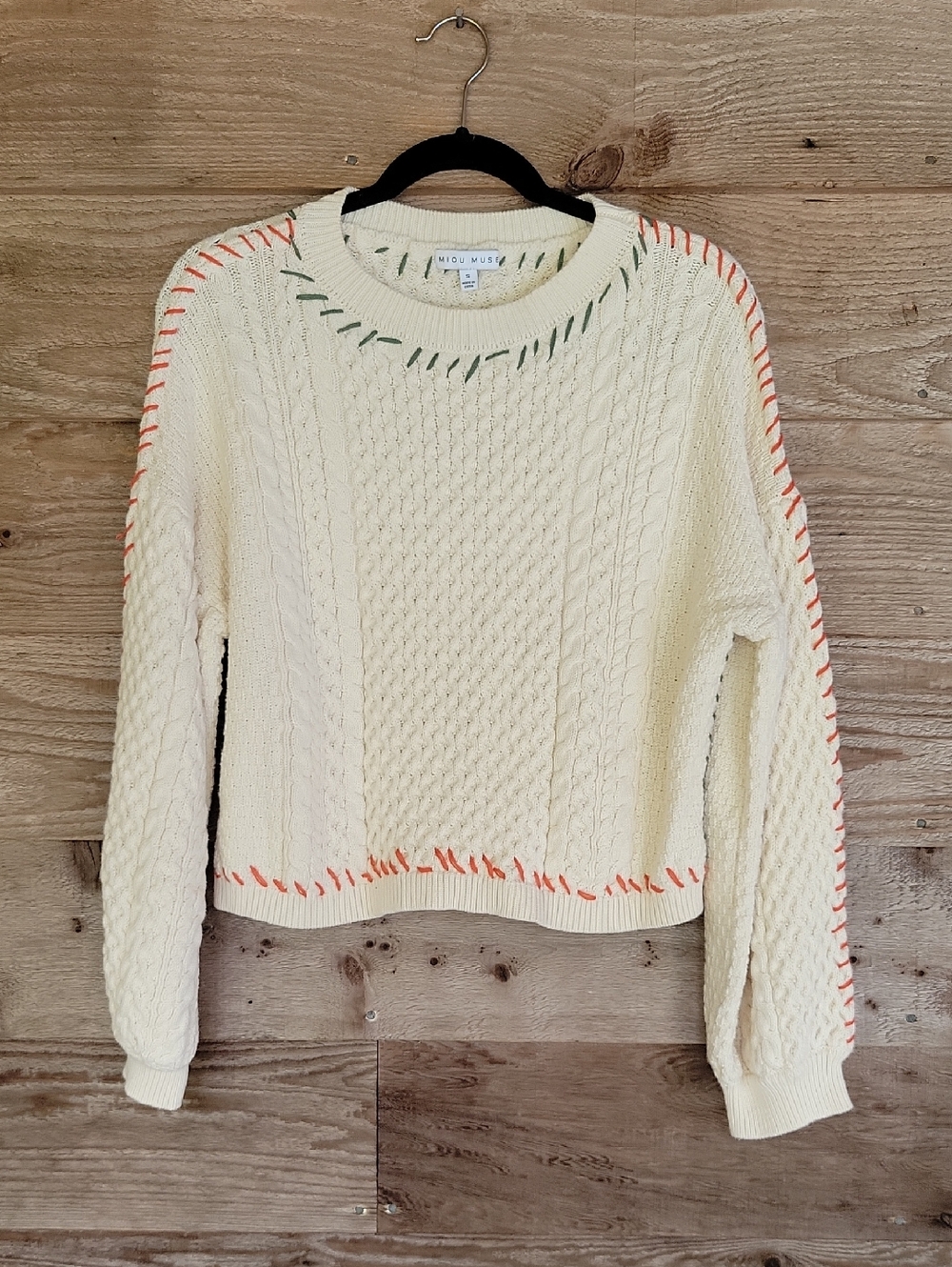 Miou Muse Size Small Cream Cable Knit Sweater with Coral and Green Stitching